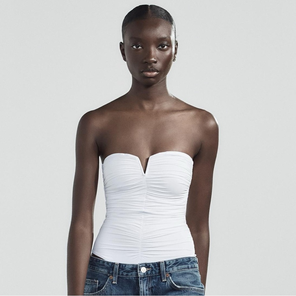 White Strapless Ruched Bodysuit – Sweetheart V-Cut, Size S